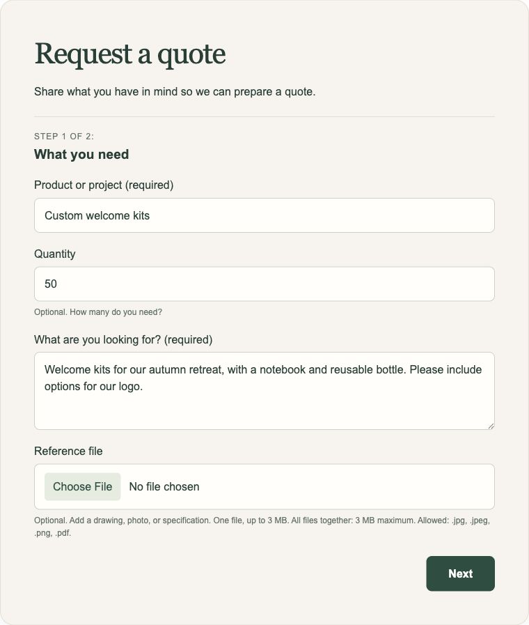 A storefront quote request form with multiple steps and a file upload field.